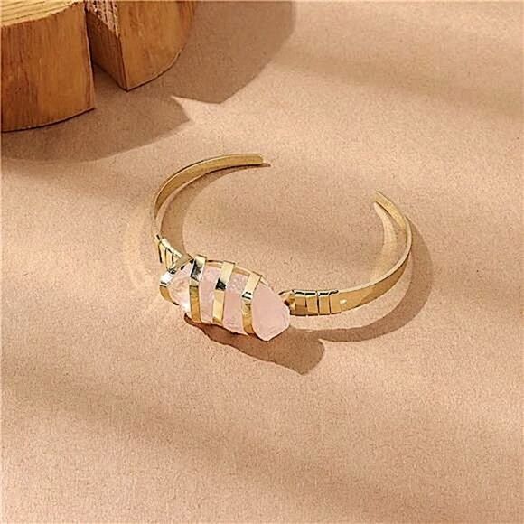 Artisan Free Spirit Unique Pink Stone Cuff Bracelet Minimalist Gold Tone Jewelry - Picture 3 of 8